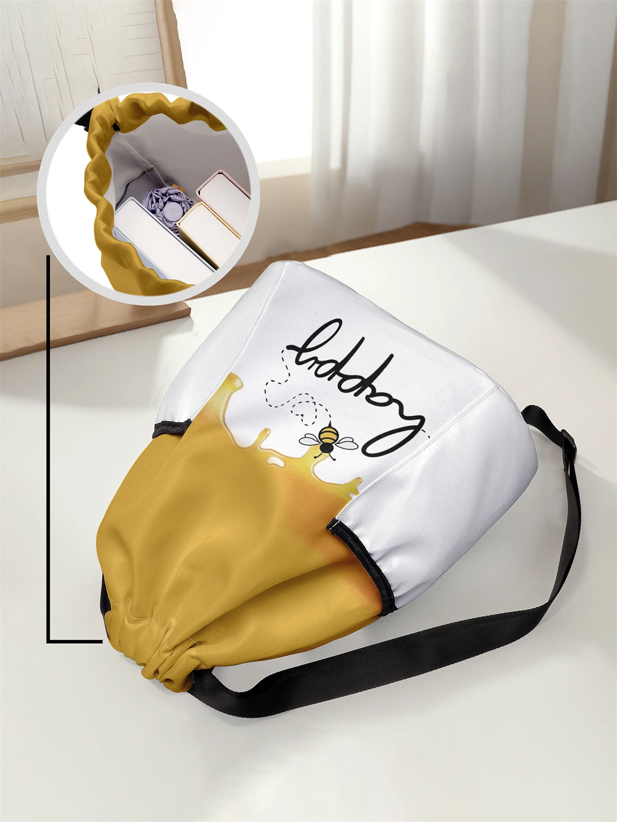 Bee Pattern Drawstring Backpack - Large Capacity Durable Fitness Bag, Adjustable Shoulder Straps, Sports Beach Backpack