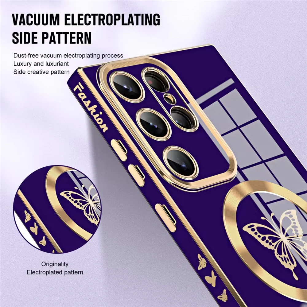 Luxusné galvanické magnetické motýľové puzdro pre Samsung S23 Ultra S22 S21 Plus pre bezdrôtové nabíjanie Magsafe Mäkký silikónový kryt_voghion.com