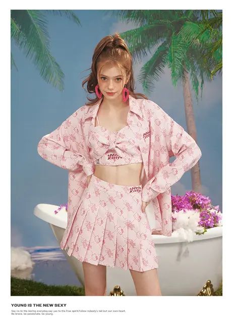 Top de camisola com zíper Sanrio Hello Kitty feminino, fato retrô de saia  plissada, impressão irregular de malha tipo slim, linha A, novo, verão -  AliExpress