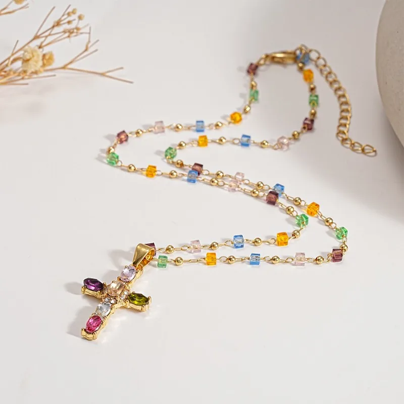 Fashion Colorful Zircon Cross Pendant Necklace for Women Stainless Steel Silver Color Charm Crystal Beaded Chain Necklace
