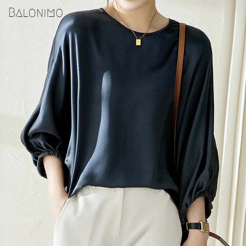 

High-end Spring Summer Women Satin Bat Shirt New Fashion Simple Chic Elegant Loose Round Neck Casual Chiffon Top Blouse Women