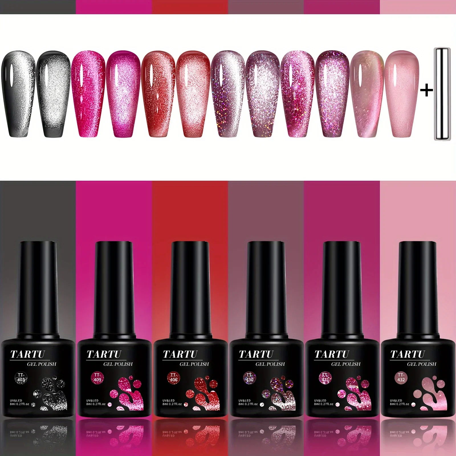 TARTU 6pcs 8ml Cat Eye Gel Nail Polish Set, 6 Colors Gel Polish Kit, Soak Off for Uv/Led, for Salon and Nail Art DIY At Home 5