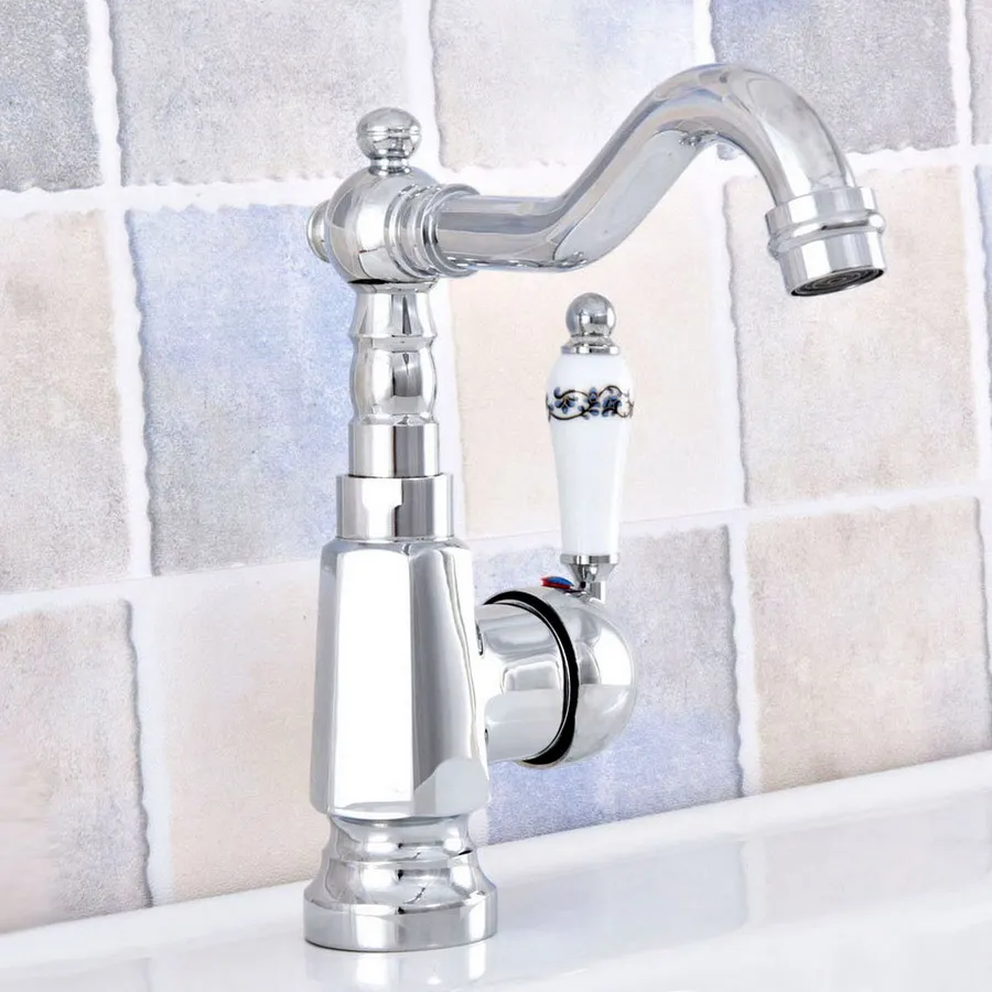 

Chrome Finish Brass Basin Faucet Single Handle Swivel Spout Kitchen Bathroom Sink Hot And Cold Water Taps 2sf638