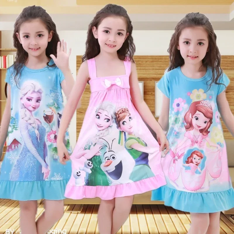 Vestido de dibujos animados para niñas, ropa de dormir de Frozen, Anna, Elsa, Olaf, pijama de manga corta, Reina de la nieve, vestido de princesa