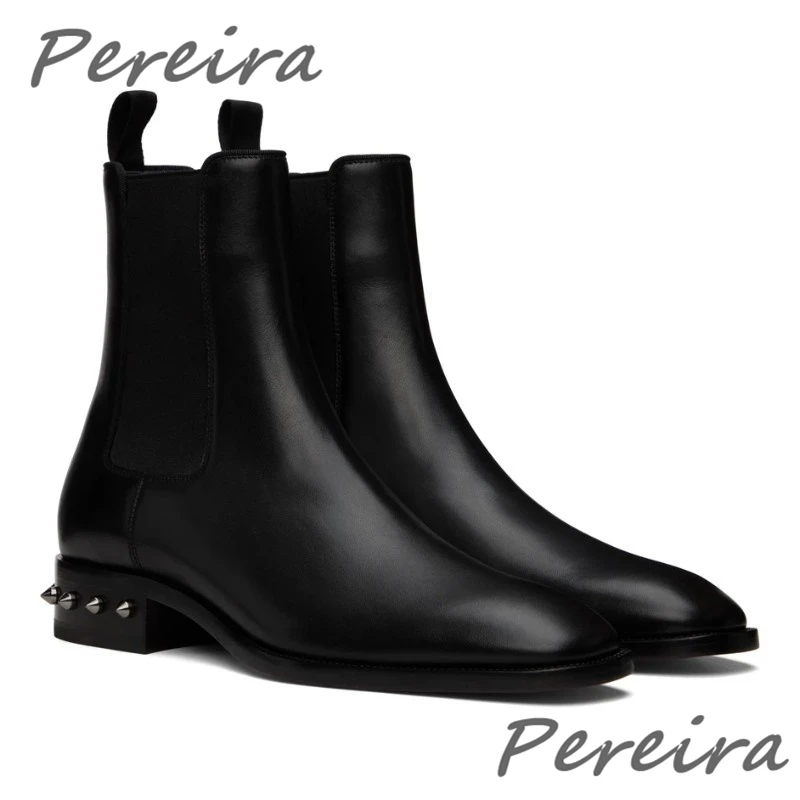 

Fashion Rivet Black Short Boots Retro High-Top Business Casual Men Shoes British Style Low Heel Slip On Street Party Ankle Boots