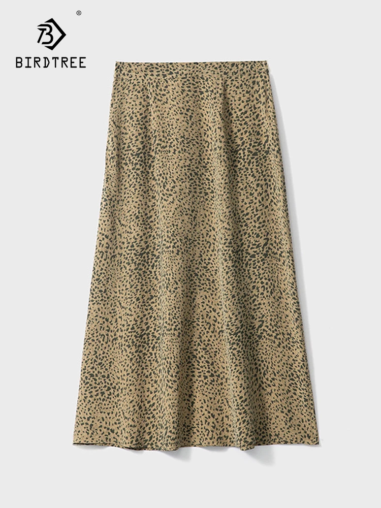 

Birdtree 90%Mulberry Silk 10%Spandex Leopard Skirt For Women Elastic Waist Slim A-line Mid length Half Skirt Summer New B38390QC