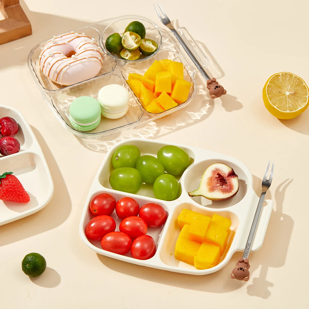 WORTHBUY New Plastic Food Plate With Handle Reusable Food Serving Platter Cute Divided Dinner Plate Dish Kitchen Tableware