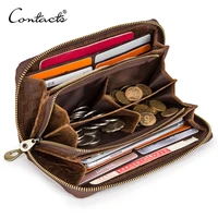 CONTACT'S Genuine Leather Unisex Long Wallets Men Women Zipper Card Holders Coin Purse Money Clip Phone Pocket Customize Wallet