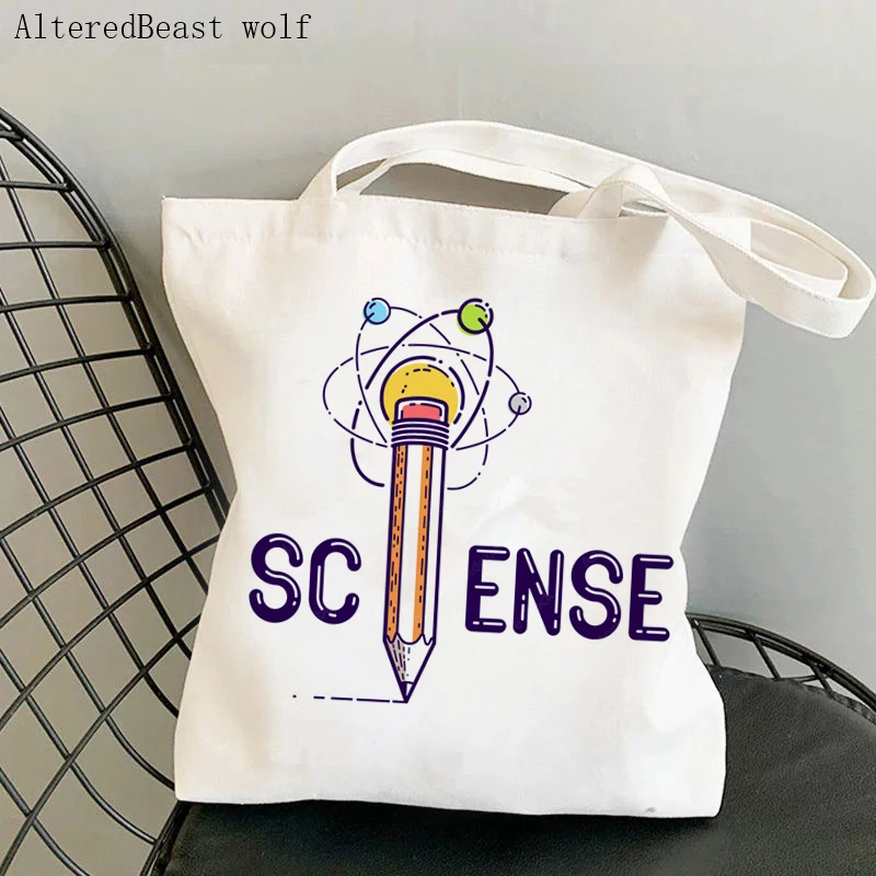 Women Shopping Bag pencil instead of letter i and molecule and chemistry Science Tote Bag Harajuku Teacher supplies handbag