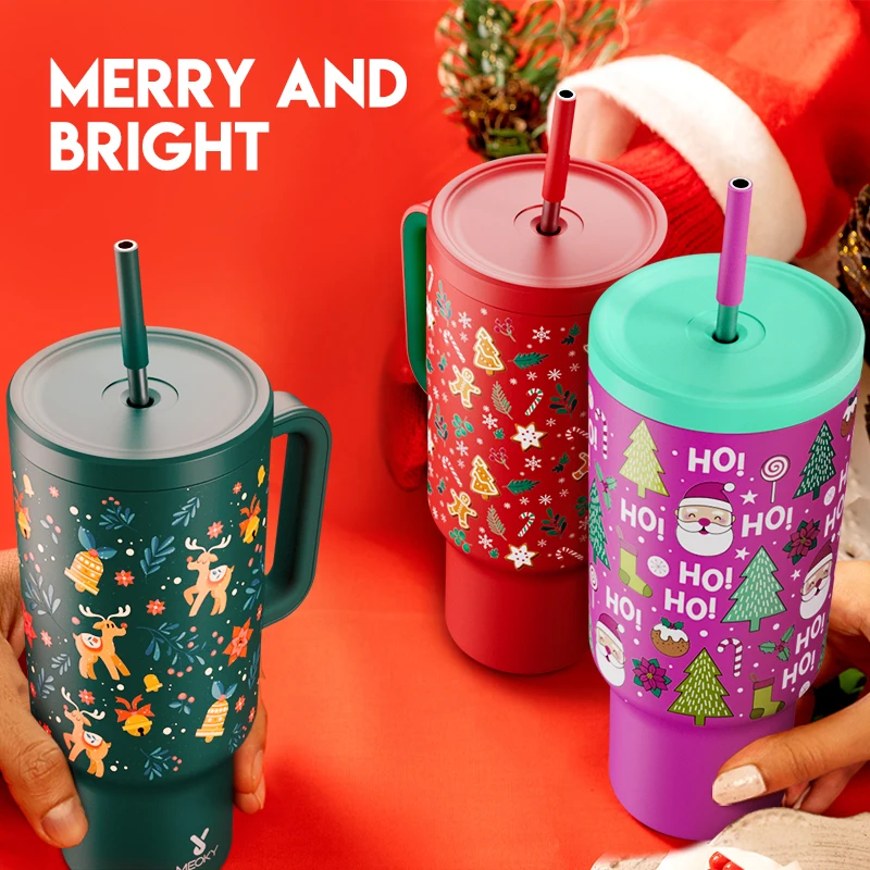 Stainless Steel Thermos Cup Meoky 40oz Christmas Vacuum Cup Large Capacity Tumbler With Lid Portable Coffee Car Mug Juice Milk