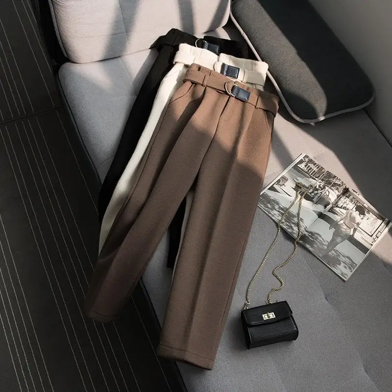 

Office Lady Woolen Blend Suit Pants Korean High Waist Harem Pantalones Autumn Winter Women Baggy Ankle-Length Pants With Belt
