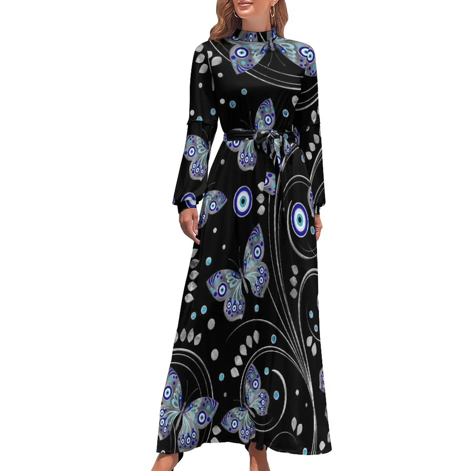 

Butterfly Evil Eye Dress Abstract Animal Party Maxi Dress Streetwear Bohemia Long Dresses High Neck Custom Vestido