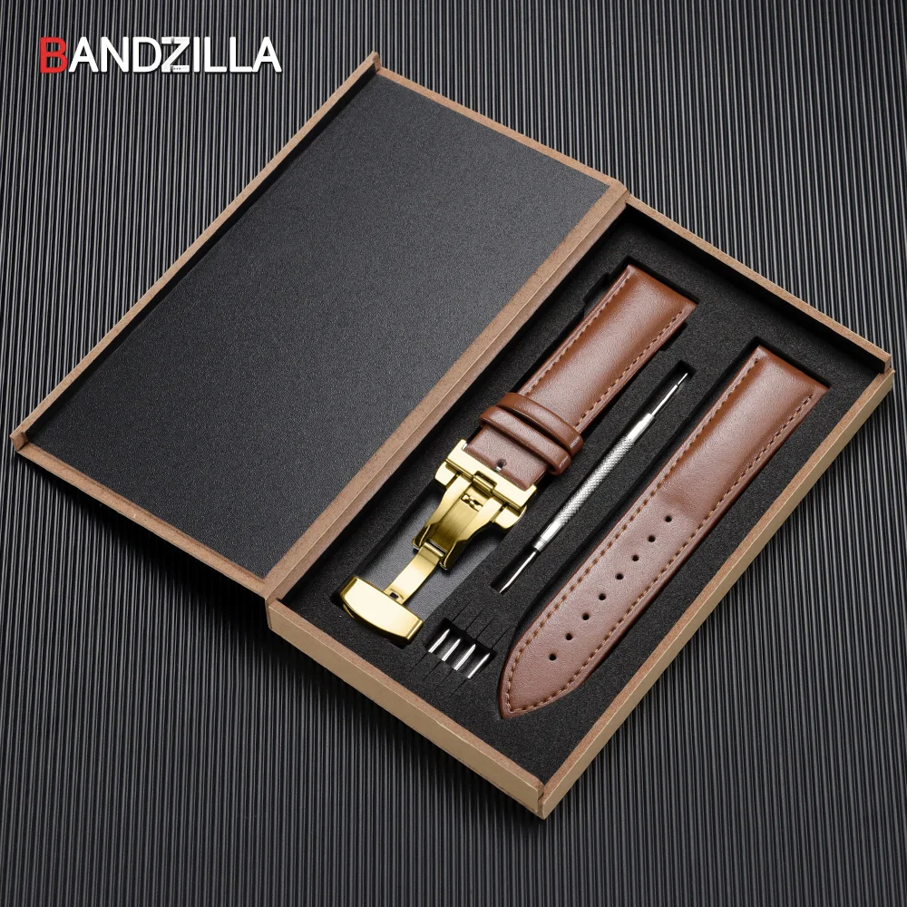 Elegant Genuine Leather Watchband with Butterfly Buckle - Includes Premium Wooden Box
