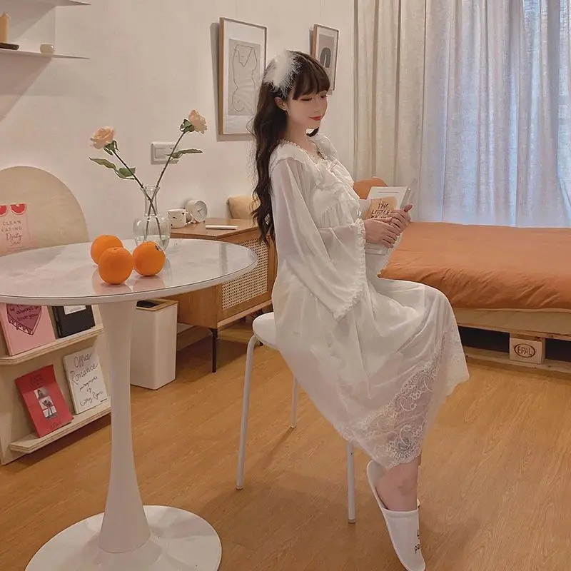 Spring Autumn Women Long-sleeved Nightdress 2024 New Lace Mesh Pajamas Lacework Bow Nightgown Solid Color Perspective Pyjamas