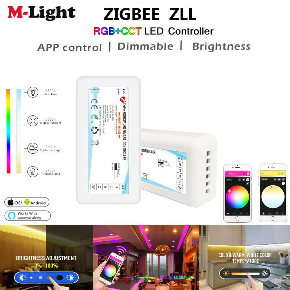 DC12V 24V Zigbee 3.0 Wireless Dimmer Controller 5050 3528 RGB/RGBW/RGBCW/CCT LED Strip Lights Smart For Tuya/SmartThings/Alexa zigbee rgbcw mini controller 1m 10m dc12v 5050 rgb cct 90leds m led strip light power kit for zigbee 3 0 hub echo plus app