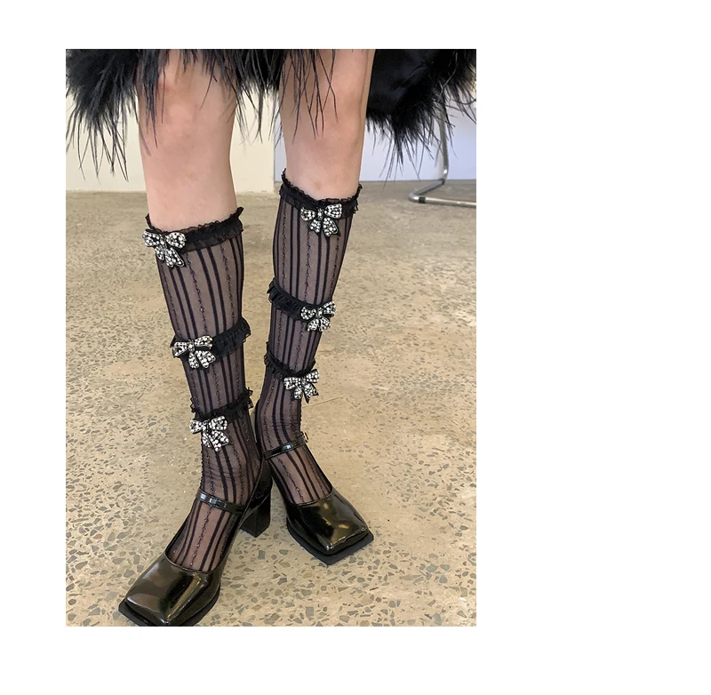Fashion Design Thin Mesh Lace Bow Foot Sock Bunching Cute Mid-Calf Length Black Students' Socks Lolita Sexy Women Stockings