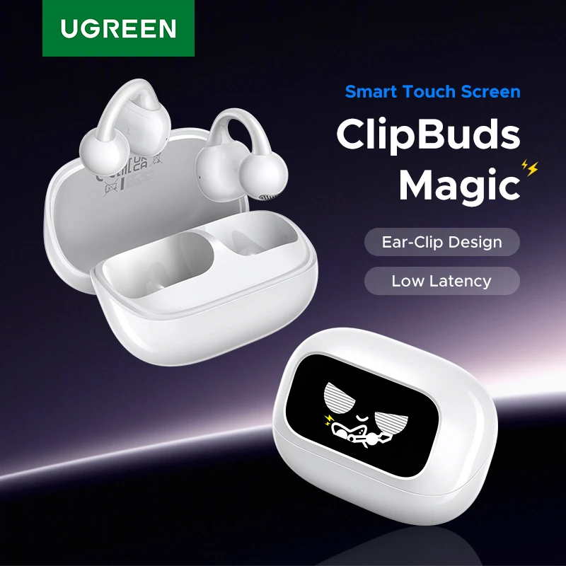 UGREEN LCD Full Color Smart Screen Wireless TWS Bluetooth Earphones Earbuds Open Clip Ear Headphones AI Call Noise Cancellation