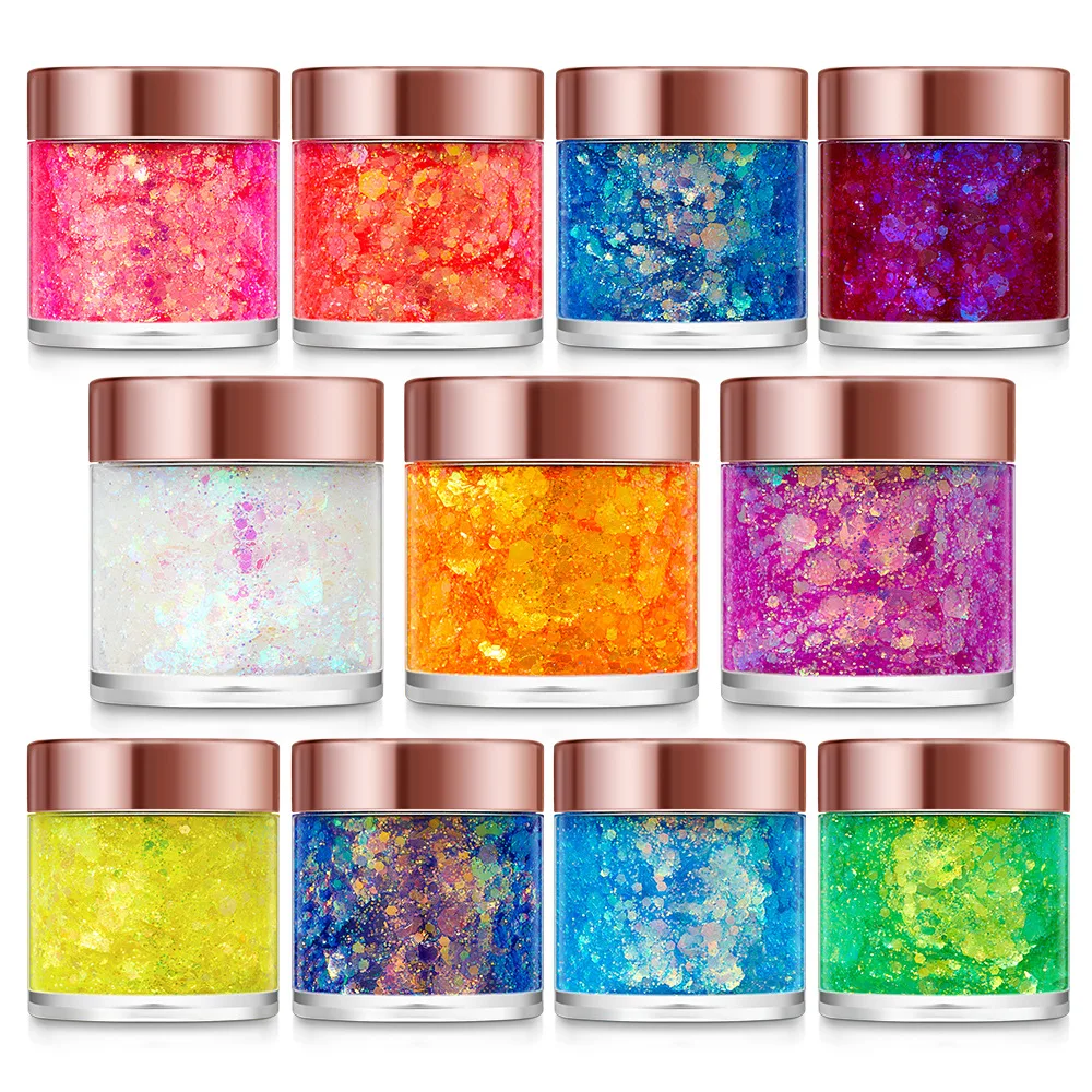 Wholesale Eco Gel Glitter Gel Extra Shine Chameleon Holographic Chunky Glitter Gel for Face Hair Body Glitter Powder Cream 5