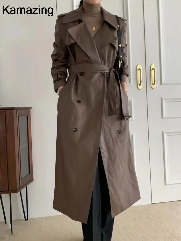 

Women Vintage Pu Leather Windbreaker Autumn Lapel Long Sleeves Trench Coats with Belt Ladies Double Breasted Outerwear Winter