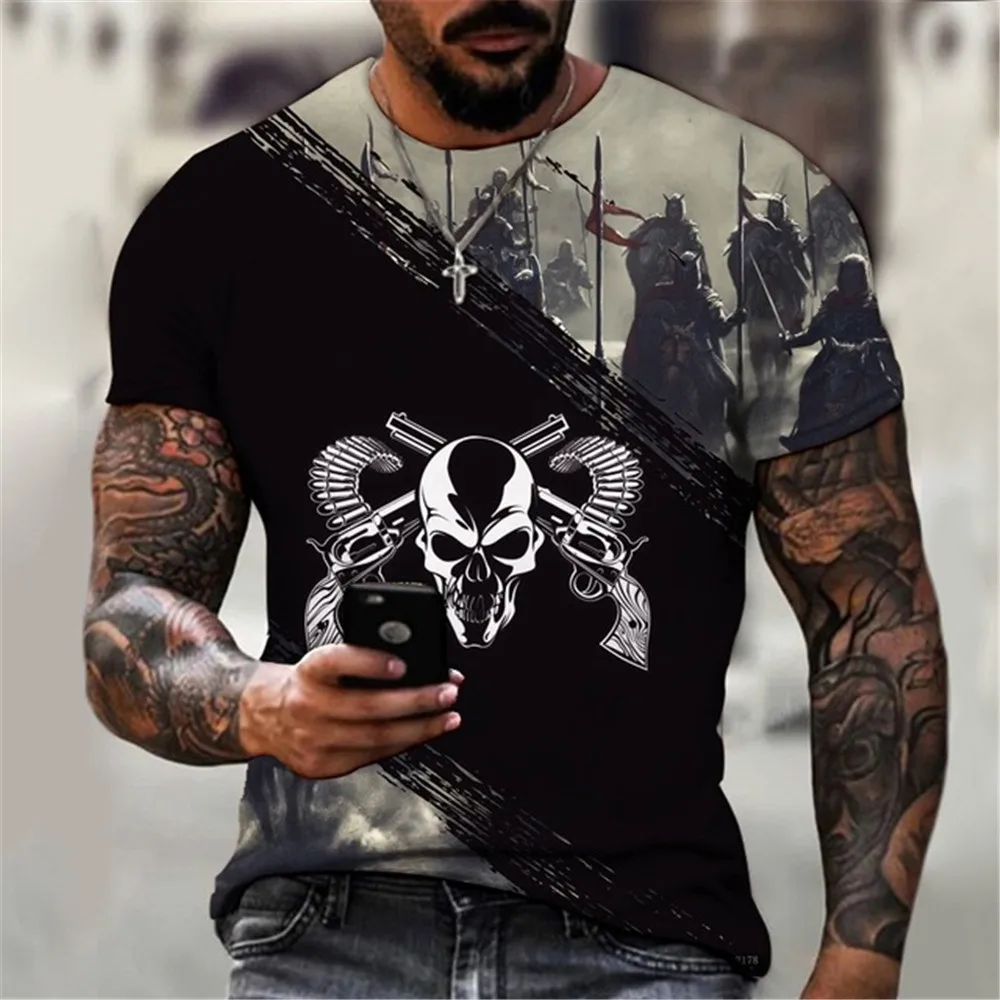 

3D Oversized Samurai Top T-shirt Men's Skeleton Suit Retro Crusader Men's T-shirt Knight Print Round Neck Short Sleeved