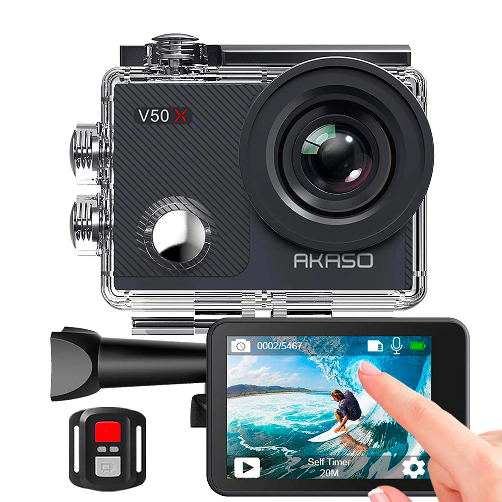 AKASO 4K 액션 카메라, V50X 터치 스크린, 4 배 줌 스포츠 카메라, 131 피트 방수 카메라 지지대, 외부 마이크 리모컨