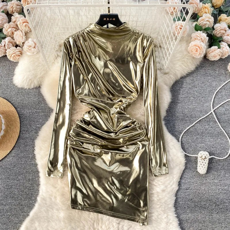 

Long-sleeved Metallic Shiny Dress, Feminine Pleated, Slim-fitting, Hip-hugging, Irregular European and American Bottoming Skirt