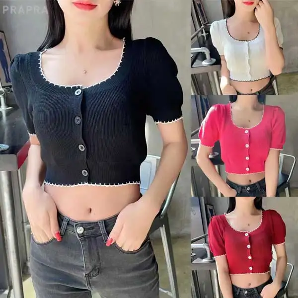 

PraPra модные укороченные топы с квадратным вырезом для женщин, пуловер с рукавами, футболка в Корейском стиле, женская одежда