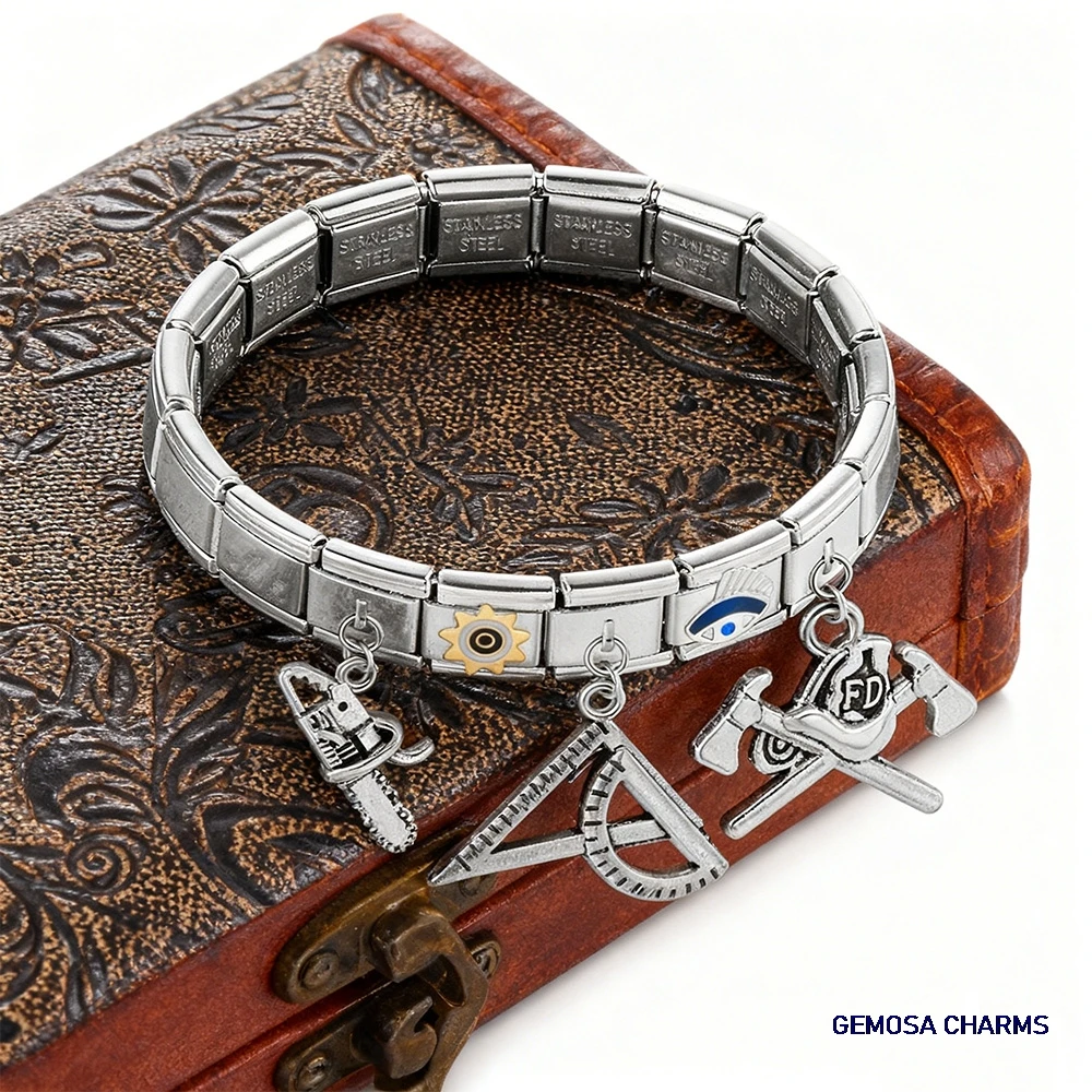 GEMOSA Italienischer Charm-Link, passend für 9 mm Edelstahl, klassische silberne Farbe, Werkzeugserie, Schmuckherstellung, Armband, DIY-Perlen-Anhänger – Detail 3