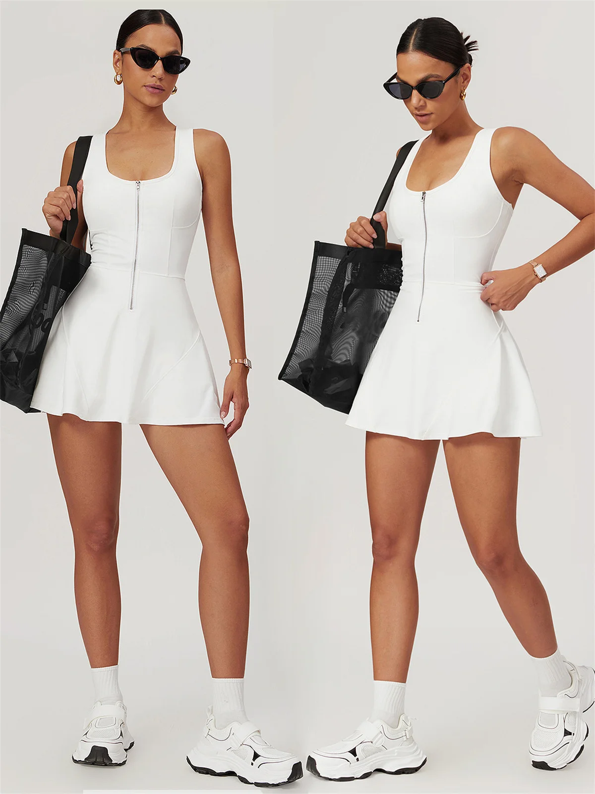 Women dress sports clothing tennis dress with shorts women badminton clothing fitness golf wear white zipper anti-emptied sports skirt stretchy gym yoga set