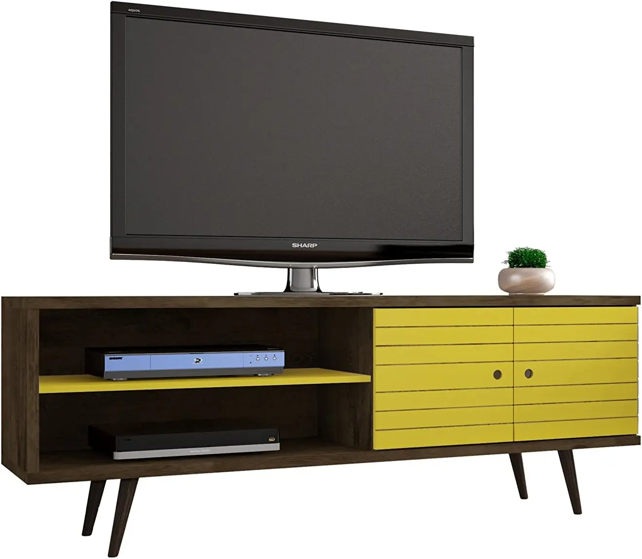 

Mid-Century Modern Living Room TV Stand with Shelves and a Cabinet with Splayed Legs, 201AMC 62.99 Inch, Rustic Brown/Yellow