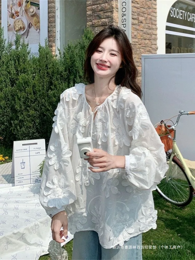 Designer Heavy Embroidery 3D Flower Long Sleeve Blouse Women's