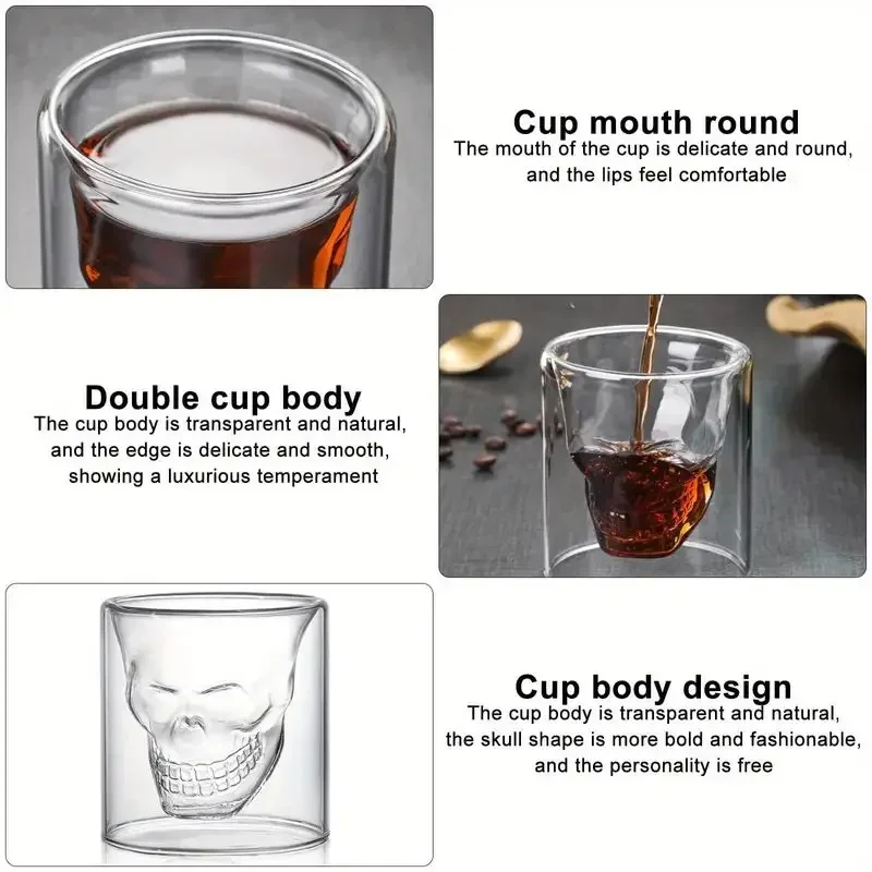 1pc, 75ml/2.5oz Double Walled Horror Skull Whisky Glass -Bourbon,Vodka, Cocktail, Cognac,  Gin Stemless Bar Glass for Scotch
