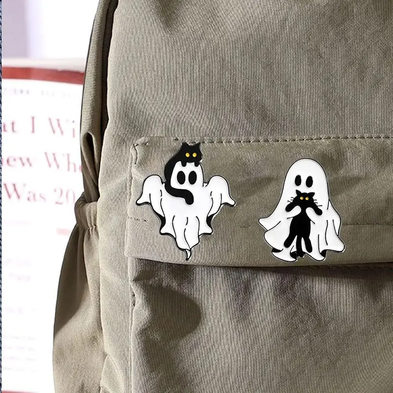 6 Styles Ghost with Black Cat Enamel Brooches Halloween Theme Horror Metal Lapel Pins for Jacket Backpack Hat Clothes Decor