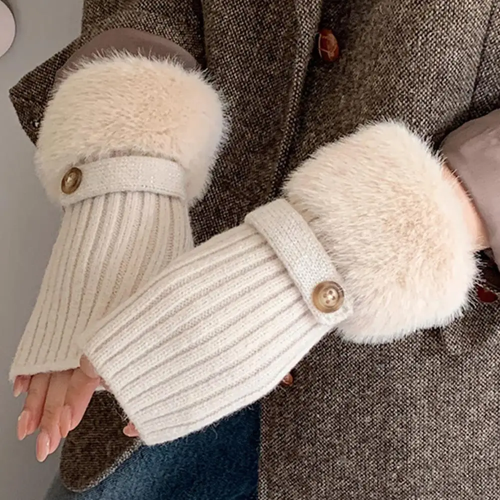 Women Hand Warmer Winter Fashion Faux Wool Cuff Gloves Knitting Warm Fingerless Gloves Luxury Warm Plush Gloves For Work Study
