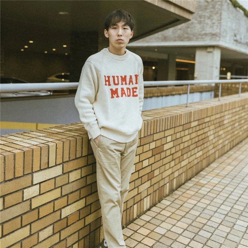 HUMAN MADE Cartoon Tiger Head Letter Fallow Baggy Round Neck Wool Knit  Sweater Pullover For Men And Women