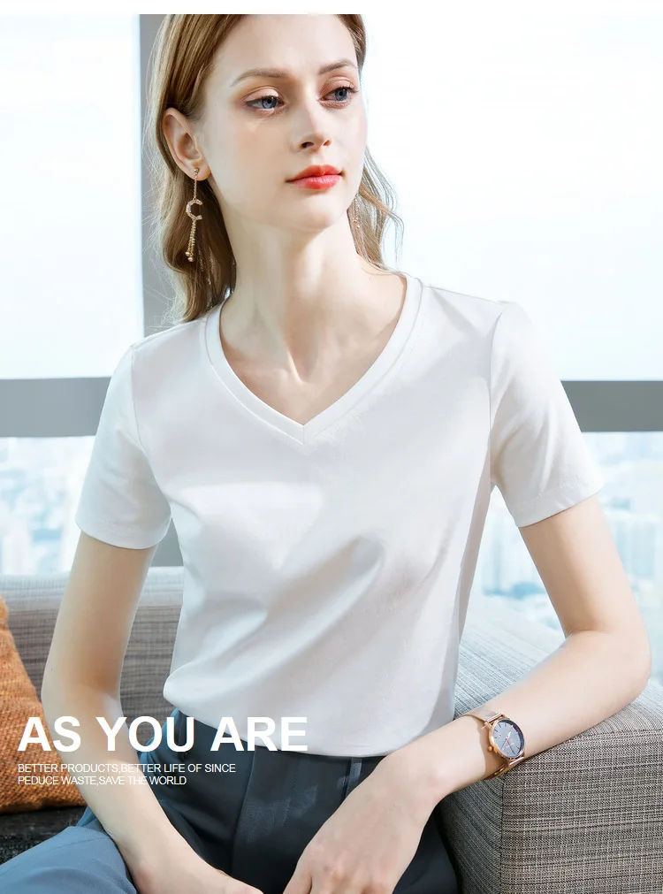 Ice Sensitive Silk Cotton V-neck Short Sleeved T-shirt for Women's Solid Round Neck Basic Commuting Elastic Oversized Top
