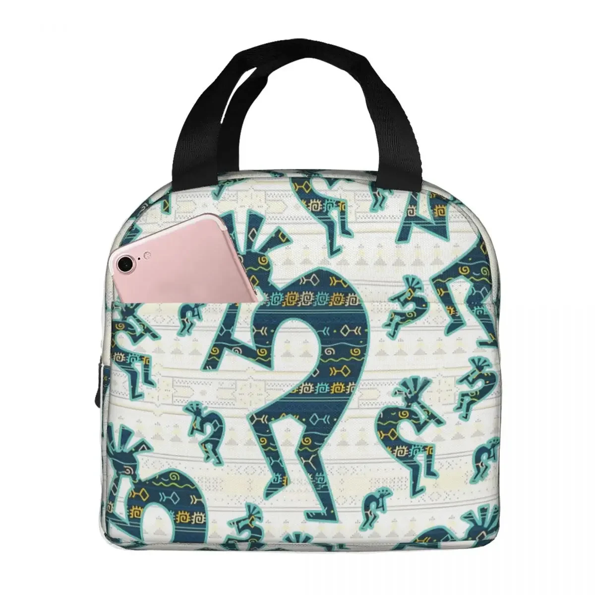 Ethnic Pattern On Tribal Pattern Oxford Cloth Portable Bags Kokopelli Hopi School Trip Lunch Hiking Debris Cooler Food Handbags