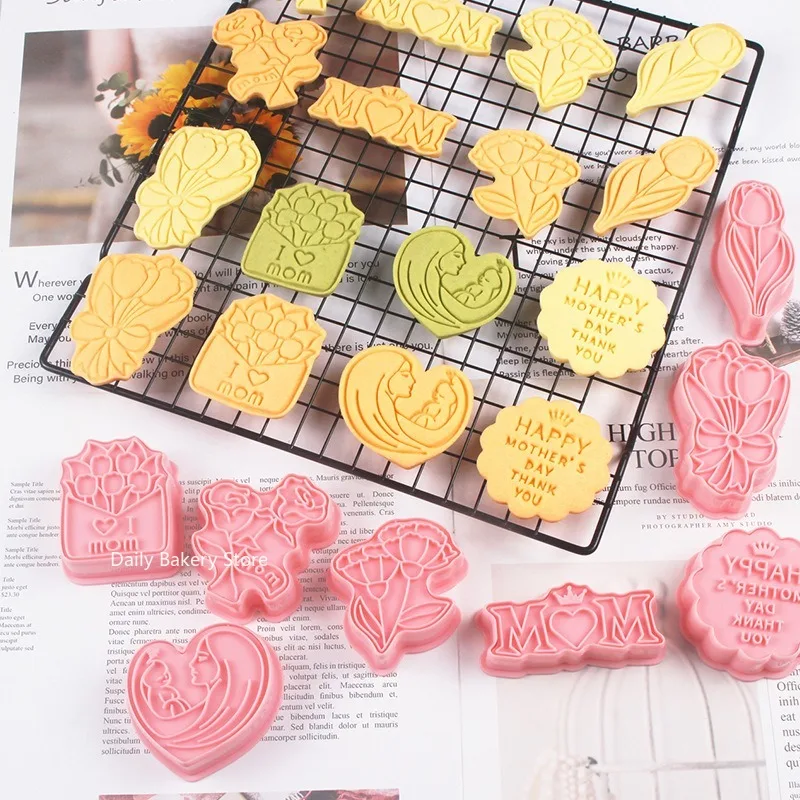 8Pcs Happy Mother's Day Cookie Cutters Set Rose Flower Mom Party Biscuit Fondant Stamp Cake Decorating Tools Baking Accessories cookie cutter baking mold cookie printing mold fondant cutter baking decorating tools cookie maker press kit pastry cutter
