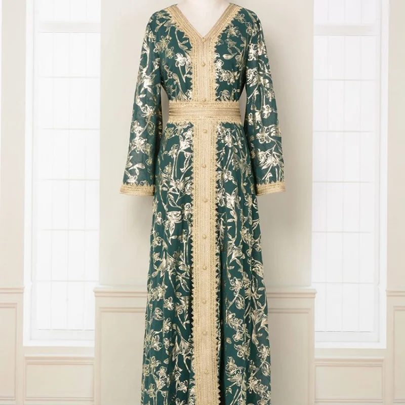 Dubai Evening Dress Bottom Grab Flower Gold Stamping Fashion Robe Dress