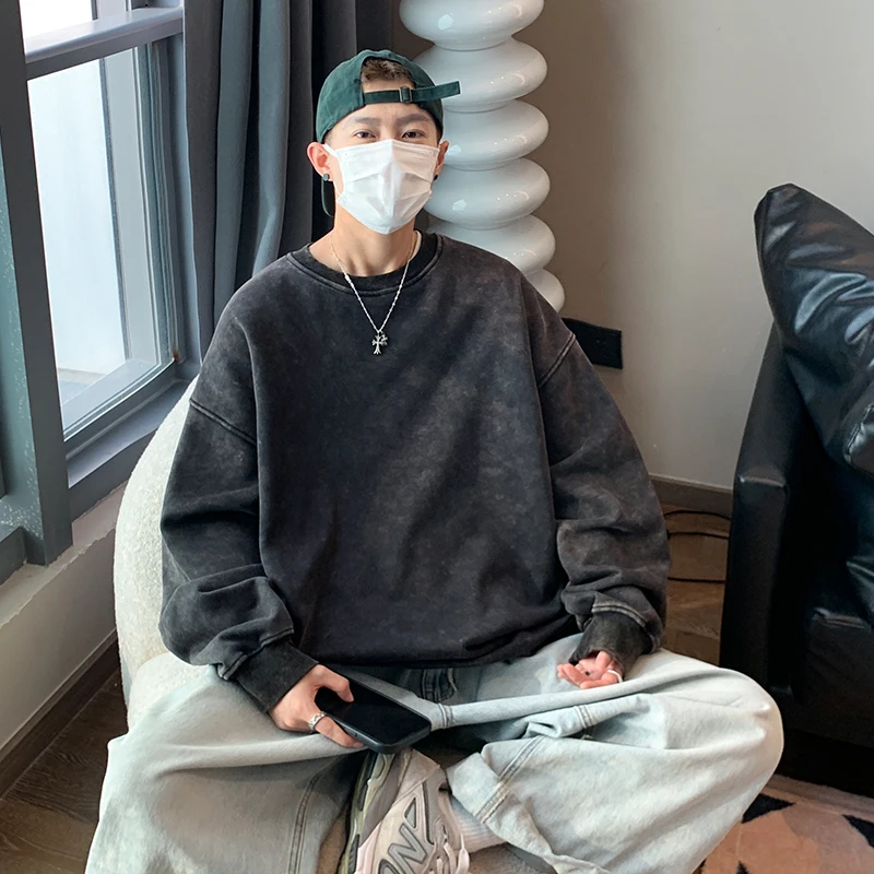 

Korean Style Men Acid Washed Sweatshirts Long Sleeve Tops Solid Hip Hop Streetwear Autumn Winter Fleece Male Pullovers Hoodie