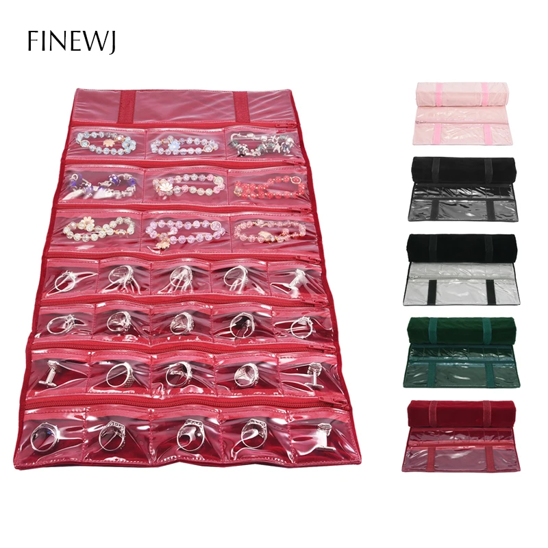 PortableRingEarringsJewelryRollUpTravelBagClearGridsBracelet