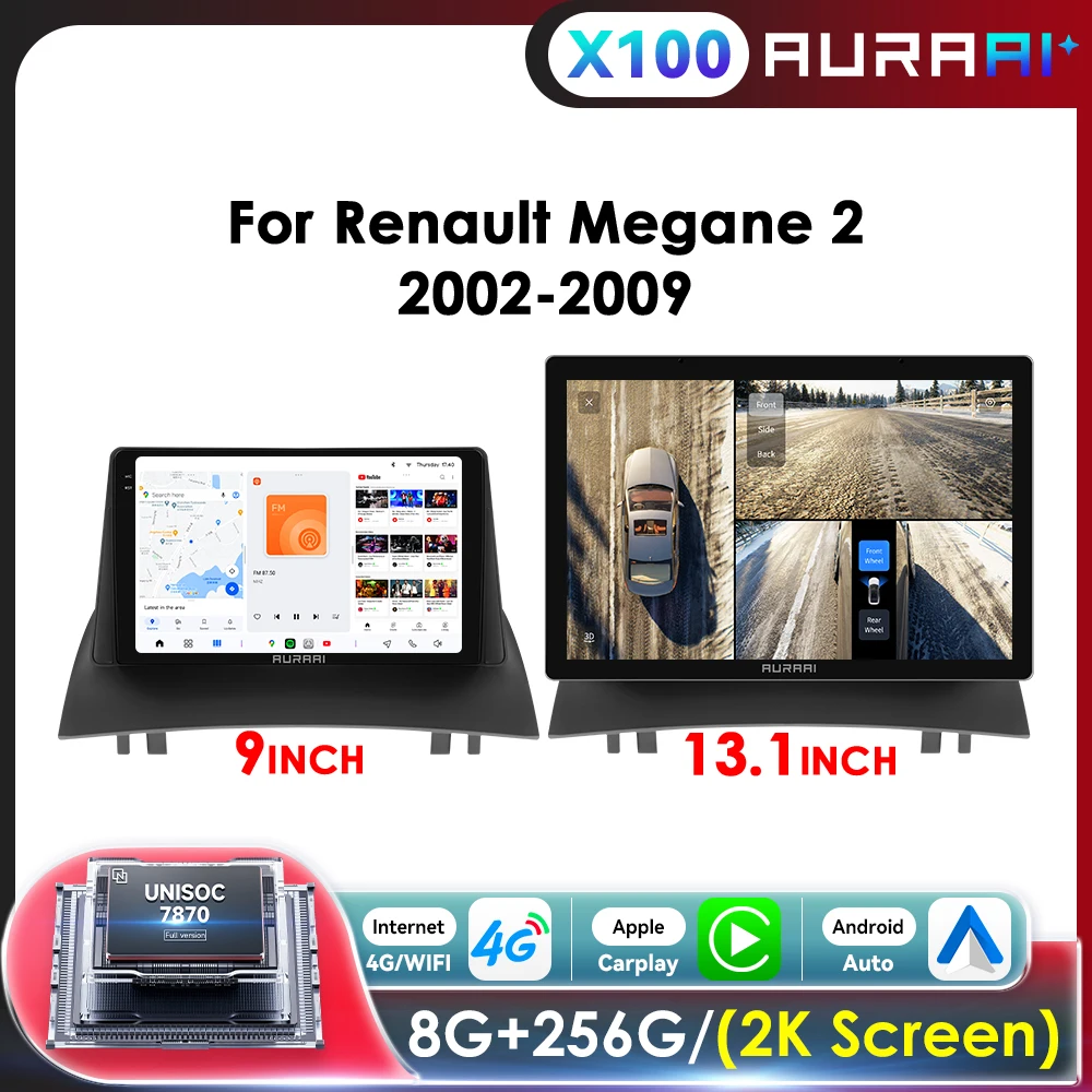 AURAAI 7870 Autoradio Multimedia Video Player für Renault Megane 2 2002-2009 Carplay Android Auto 2K Bildschirm GPS Stereo 360 cam