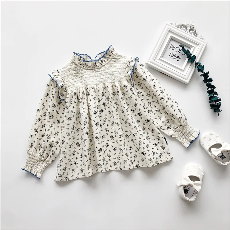 

Girls Blouse Boho Shirt 2023 Korean Style Spring Children Long Sleeve Floral Ruffles Kids Clothes Toddler Pleated 2 To 10 Years