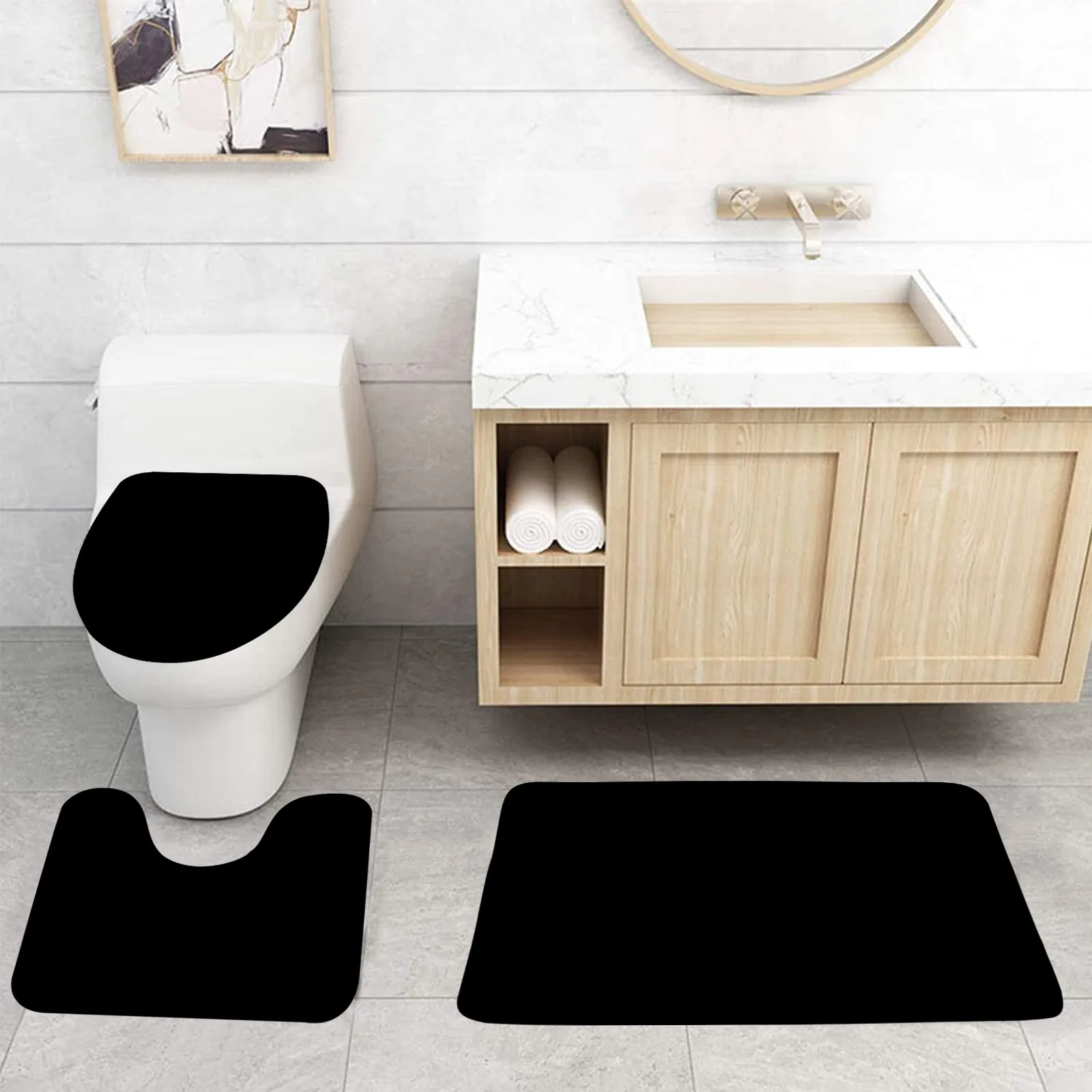 Набор черных ковриков для ванной, современный простой однотонный ковер для отеля, дома, ванной комнаты, декоративный нескользящий коврик U-образной формы, коврики для крышки туалета