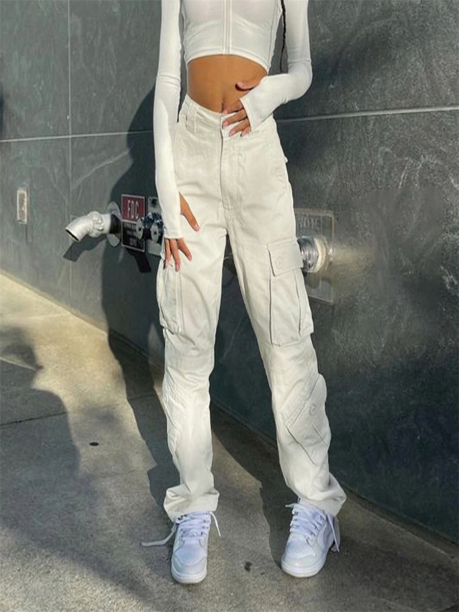Women Vintage Cargo Pants Y2k Aesthetic High Waisted Wide Leg Jeans