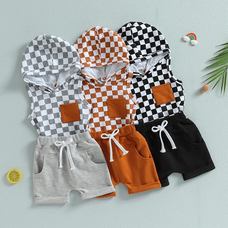 

2023-04-21 Lioraitiin 0-3Years Baby Boy 2Pcs Summer Outfits Checkerboard Print Sleeveless Hoodie T-shirt Stretch Shorts Set