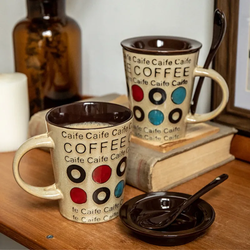 

Ceramic Mug with Spoon and Lid, Multi-purpose Drinking Cups, Vintage Coffee Cup, 350ml, 3Pcs Set