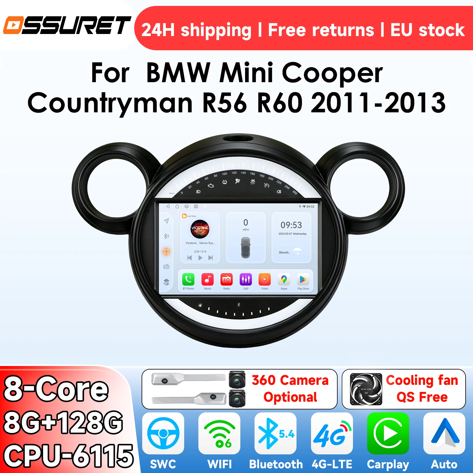 Radio OSSURET AI Android 14 para coche BMW Mini Cooper Countryman R56 R60 2011-2013, sistema inteligente Carplay, reproductor Multimedia de vídeo, GPS 4G 6115 1