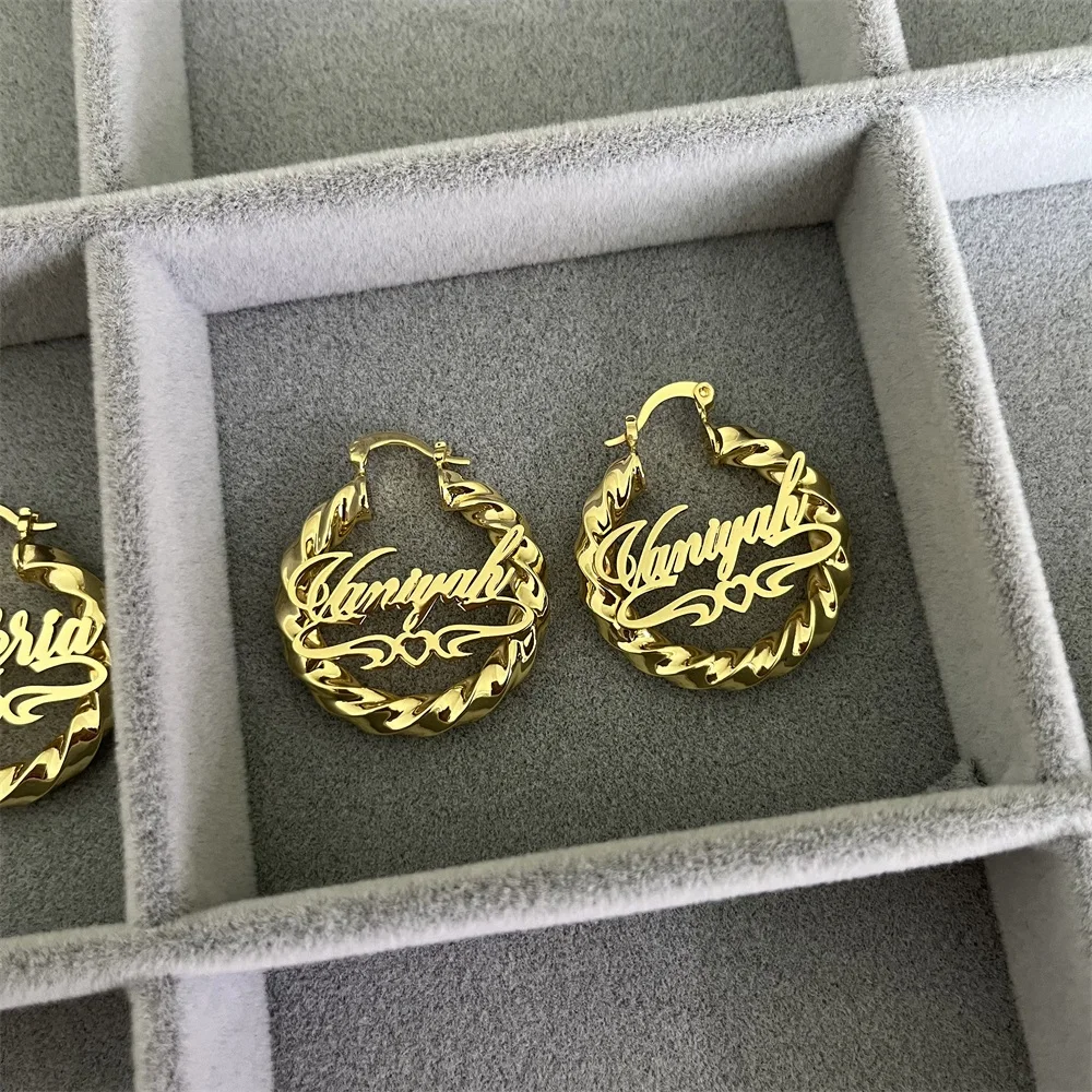 2023 Custom 30mm Cute Name Girl Earring Gold Plated Twist Hoop Heart Earrings Personalized kids Earring For Children Jewelry