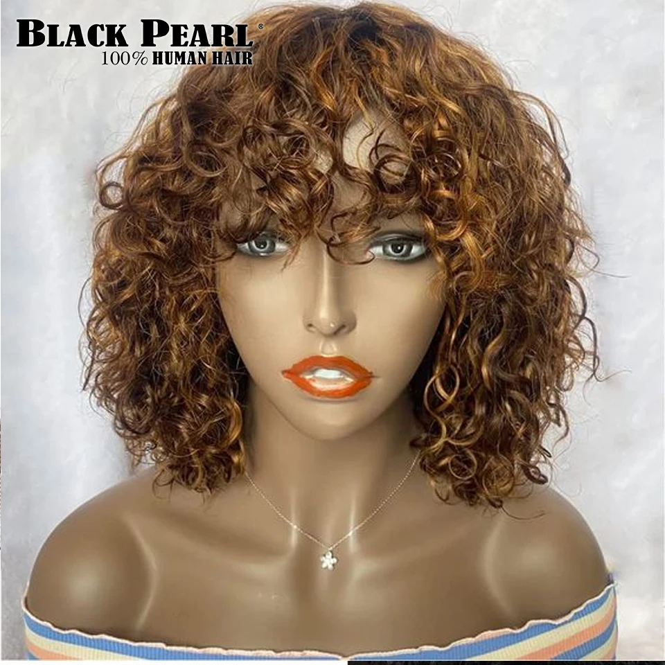 Human Hair Wigs Deep Wave Short Bob Human Hair Wigs With Bangs Curly Wig Mix Brown Color Highlight